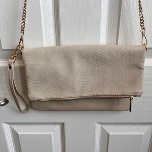 Kaari Blue Snakeskin Convertible Crossbody Clutch‎ Bag Cream Gold Chain Purse
